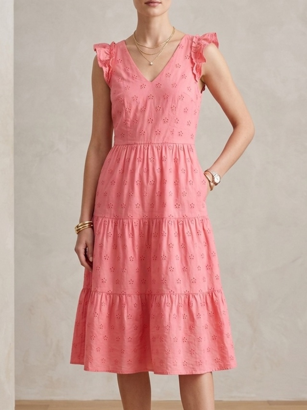 J.Crew Womens Coral Pink Eyelet Ruffle Tiered Midi Dress Size 00 V-Neck Cotton